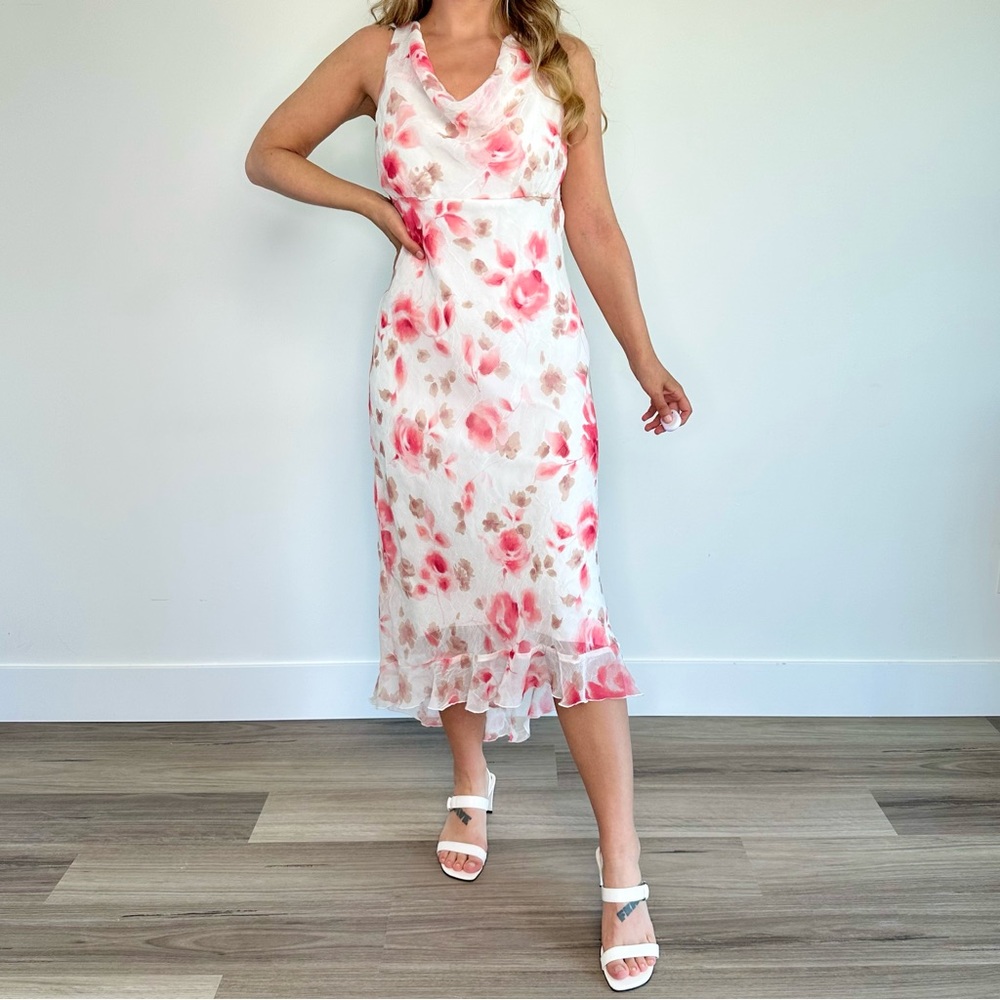Y2K White & Floral Print Cowl Scooped Neck Midi Dress (M)